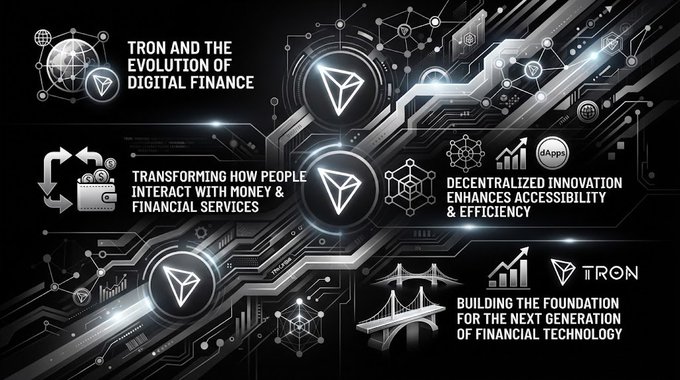 A black promotional infographic titled 'TRON AND THE EVOLUTION OF DIGITAL FINANCE' highlights points like 'TRANSFORMING HOW PEOPLE INTERACT WITH MONEY & FINANCIAL SERVICES' and 'DECENTRALIZED INNOVATION ENHANCES ACCESSIBILITY & EFFICIENCY' alongside the TRON branding.