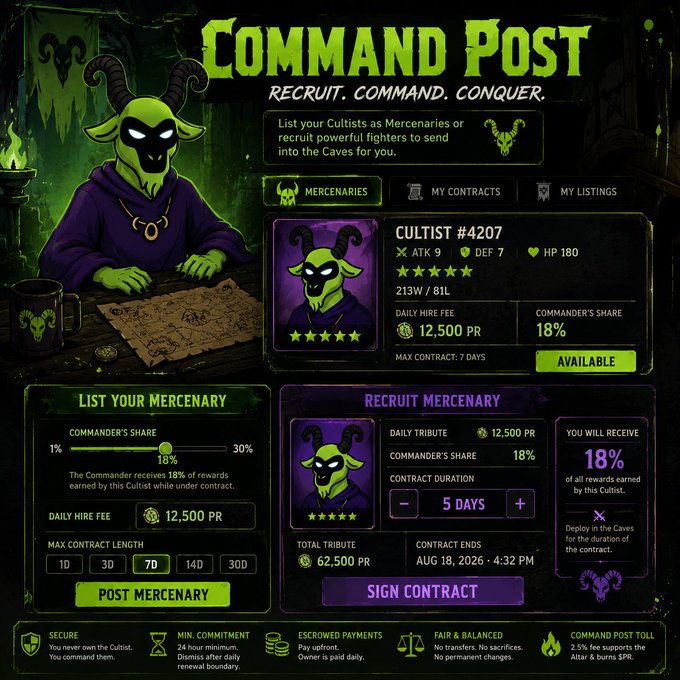 Gaming interface titled 'Command Post: Recruit. Command. Conquer.' featuring a green-horned character for listing or recruiting mercenaries with daily hire fees and contract durations.