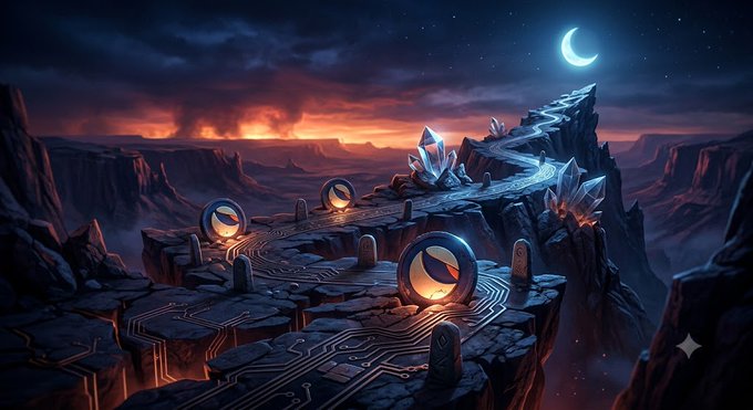 The image features a digital illustration of a rocky landscape with a winding path that leads towards a crescent moon, surrounded by mountains. The sky above is dark blue, creating an atmosphere of mystery and intrigue. In the foreground, there are three glowing spheres, each emitting a different color - red, yellow, and green. These spheres appear to be floating in space or hovering over the rocky terrain below. The image also contains text that reads "In crypto, the winner isn'T the one who panics, but the one with nerves of steel." This message is related to the overall theme of the illustration, as it emphasizes the importance of mental strength and resilience when navigating through challenging situations or uncertain circumstances in a digital world.
