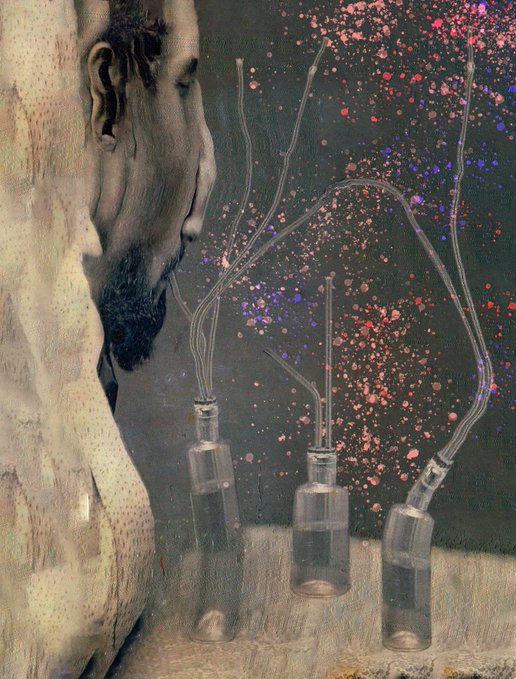 A stylized painted artwork depicting a bearded man in profile exhaling colorful splatter particles, with wavy lines rising from glass bottles below transforming into the dispersed dots against a dark background.