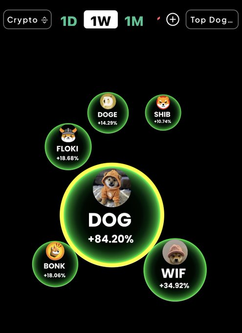 A cryptocurrency performance dashboard showing weekly gains for meme coins including DOGE (+14.29%), SHIB (+10.74%), FLOKI (+18.68%), BONK (+18.06%), WIF (+34.92%), and DOG leading with +84.20%.