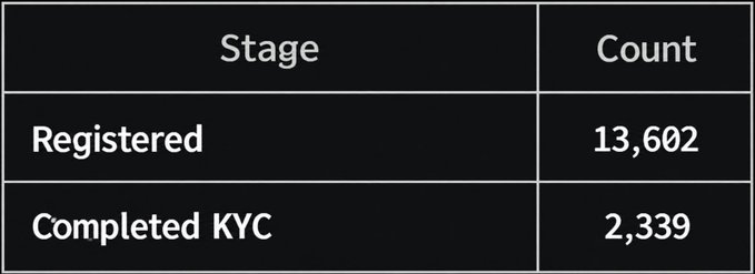 The image displays a table showing two stages of a registration process: "Registered" with a count of 13,602 and "Completed KYC" with only 2,339, illustrating that roughly 83% of registrants (11,263 users) failed to complete the Know Your Customer verification step, supporting the claim that most people struggling to sign up are not following through on the KYC requirement.