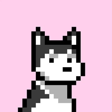 A pixel art illustration depicts a gray and white dog or husky character with a bow on its head against a solid pink background.
