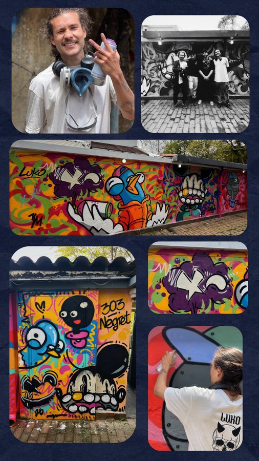 A collage shows artist LOKO Lopez alongside vibrant, colorful graffiti murals featuring cartoon-style characters, with the text "303 Negret" visible on one wall, illustrating a digital mural collection from Colombia. The images highlight the artist's playful street art style and showcase the finished collaborative works in their outdoor urban setting.