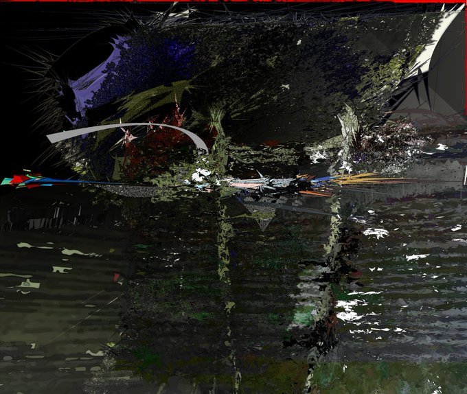 An abstract, heavily distorted digital image with dark tones, glitch effects, and colorful streaks across the top.