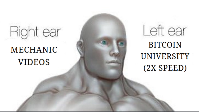 A meme image titled 'Right ear MECHANIC VIDEOS, Left ear BITCOIN UNIVERSITY (2X SPEED)' featuring a 3D rendered featureless humanoid figure with a neutral expression.