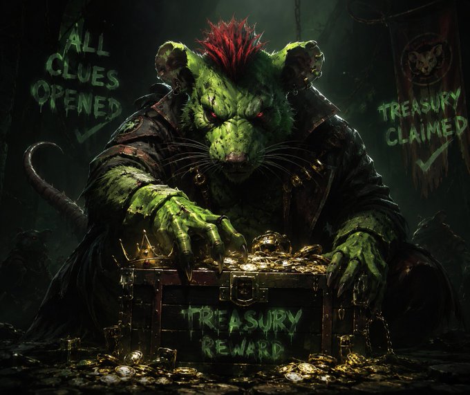 Fantasy artwork of a menacing green rat-like humanoid with a red mohawk guarding a treasure chest overflowing with gold, with text 'ALL CLUES OPENED' and 'TREASURY CLAIMED' displayed around the scene.