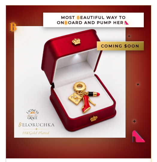An advertisement for a 'BELORUCHKA' 18K gold-plated keychain featuring a lipstick and high heel, displayed in a red jewelry box with text 'MOST BEAUTIFUL WAY TO ONBOARD AND PUMP HER.'