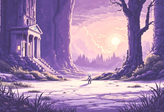 A pixel art scene showing a small astronaut standing in a purple-hued landscape with classical ruins, trees, and a glowing sun in the background.