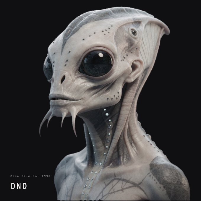 A highly detailed 3D render of an alien creature with large black eyes and textured skin on a black background, labeled "Case File No. 1998 DND".