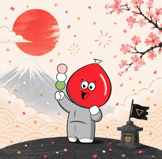 A cheerful red mochi-like character holds a tri-colored dango against a Japanese backdrop featuring Mount Fuji, a rising sun, cherry blossoms, and a stone lantern with a flag—perfectly matching the @MochimonsIP giveaway post asking followers to like, retweet, and drop their EVM address for a chance to win spots.
