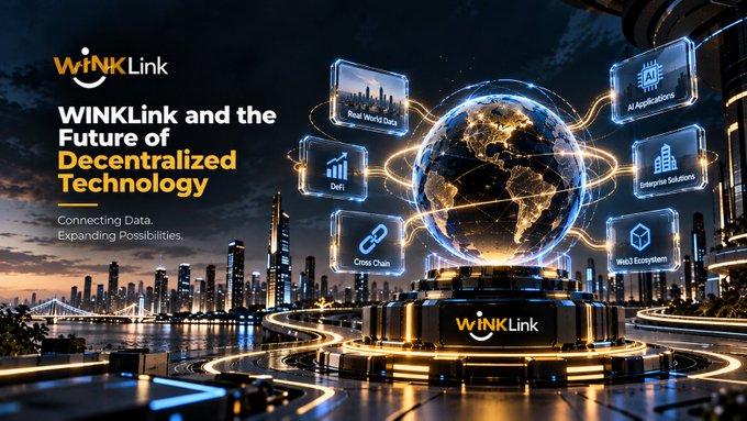 A promotional graphic for 'WINLink' titled 'WINLink and the Future of Decentralized Technology' with the tagline 'Connecting Data, Expanding Possibilities,' featuring a glowing globe surrounded by icons for Real World Data, AI Applications, DeFi, Enterprise Solutions, Cross Chain, and Web3 Ecosystem.