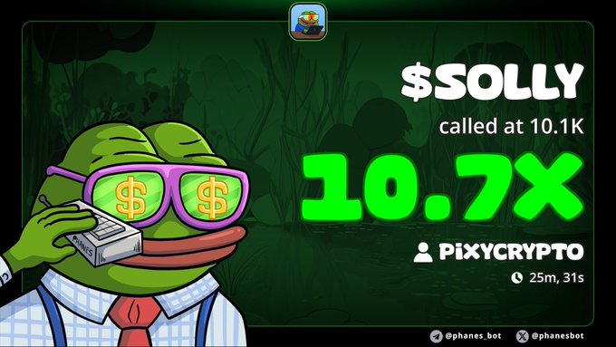 A green crypto advertisement features a Pepe the Frog character in dollar-sign sunglasses with text promoting '$SOLLY called at 10.1K, 10.7x' by PIXYCRYPTO.