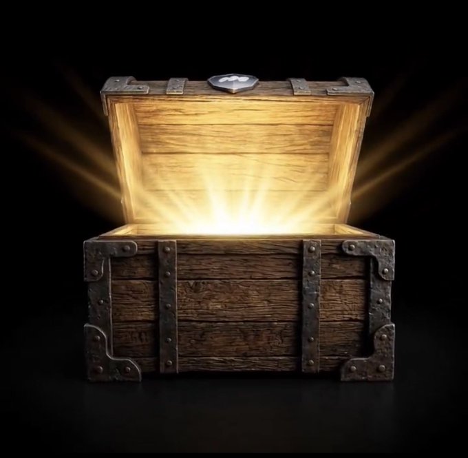 An open wooden treasure chest radiating golden light, symbolizing the reward of earning a spot for the genesis NFT through completing the Sight Hood quests at quest.sighthood.com.