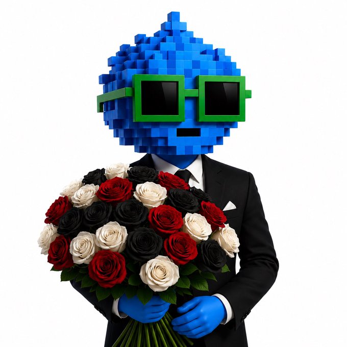 A 3D-rendered pixelated blue character wearing green pixelated sunglasses and a black suit holds a bouquet of red, white, and black roses.