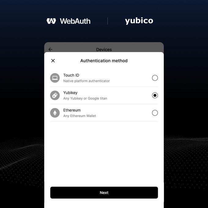 A WebAuthn authentication dialog box by Yubico showing three options: Touch ID, Yubikey, and Ethereum, with 'Yubikey' selected as the authentication method.