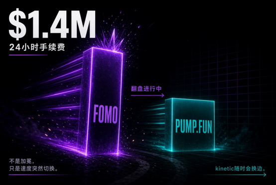 A promotional graphic featuring 3D text reading '$1.4M' and '24小时手续费' alongside glowing purple and teal blocks labeled 'FOMO' and 'PUMP.FUN', with Chinese text indicating a coin flip in progress.