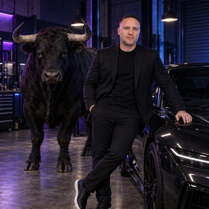 A man in a black suit leans against a sleek black car in a garage, with a large bull standing behind him—evoking the "bull market" imagery often associated with financial success. The post's caption appears to be unrelated text about a subscriber giveaway, possibly pasted over an unrelated financial or promotional image.