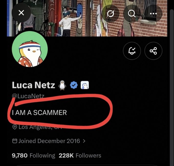 A Twitter/X profile screenshot for 'Luca Netz' (@LucaNetz) where the bio prominently displays 'I AM A SCAMMER' circled in red, with the account having 228K followers.