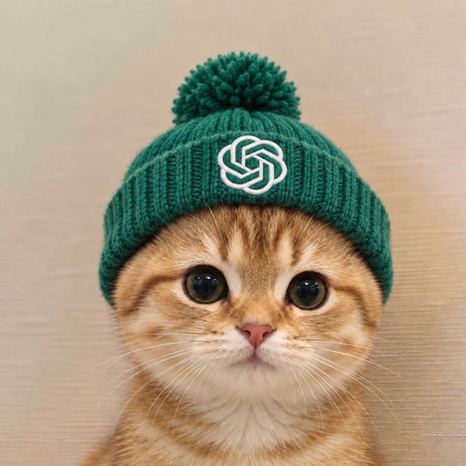 An orange tabby cat looks directly at the camera while wearing a green knitted beanie with a white OpenAI logo patch and a pom-pom on top.