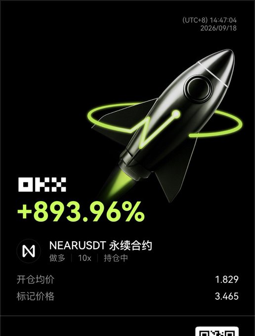 A cryptocurrency trading interface from OKX showing a NEARUSDT perpetual contract position with a +893.96% gain on a 10x long, displayed with a rocket graphic on a black background.