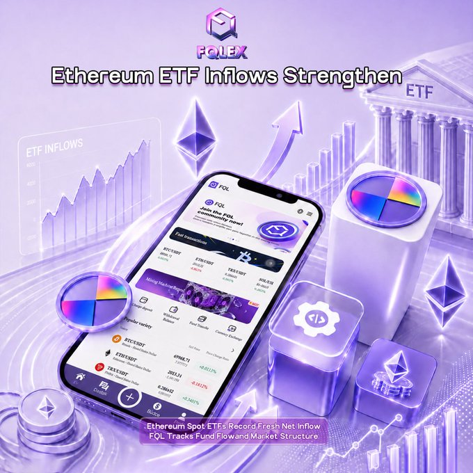 A promotional graphic titled "Ethereum ETF Inflows Strengthen" featuring the FQL Exchange logo, a smartphone displaying the FQL trading app interface, and 3D elements including Ethereum logos, a Greek-style ETF building, and upward-trending charts in purple tones. The bottom banner reads "Ethereum Spot ETFs Record Fresh Net Inflow" and "FQL Tracks Fund Flow and Market Structure," visually reinforcing the post's message about rising Ethereum ETF inflows and FQL Exchange's role in tracking ETH market activity.
