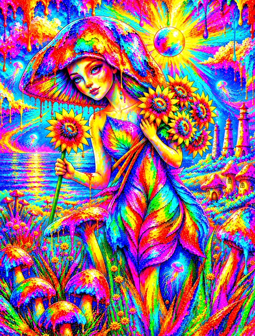 A vibrant, psychedelic digital illustration of a woman with a large mushroom-cap hat holding sunflowers, standing among colorful mushrooms, jellyfish, and a rainbow-dripping landscape.