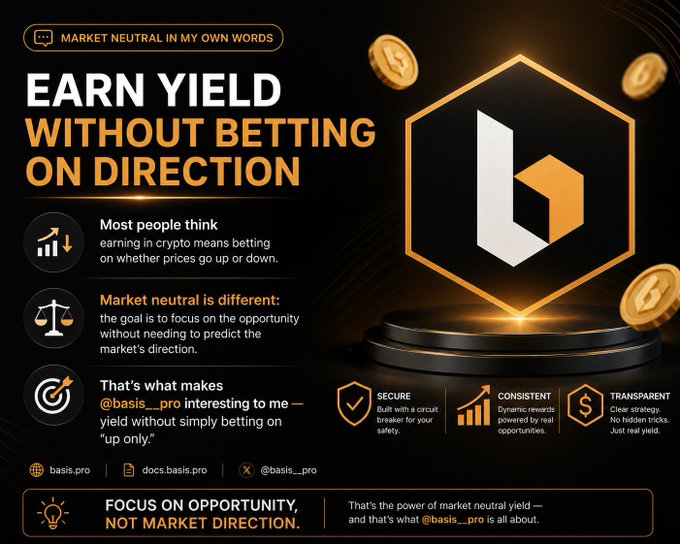 A promotional graphic for Basis Pro (@basis_pro) featuring a hexagonal logo and gold coins, with the headline "EARN YIELD WITHOUT BETTING ON DIRECTION." The image illustrates the post's message about market neutral strategies in crypto, highlighting that Basis Pro offers "yield without simply betting on 'up only'" through secure, consistent, and transparent opportunities rather than directional market predictions.