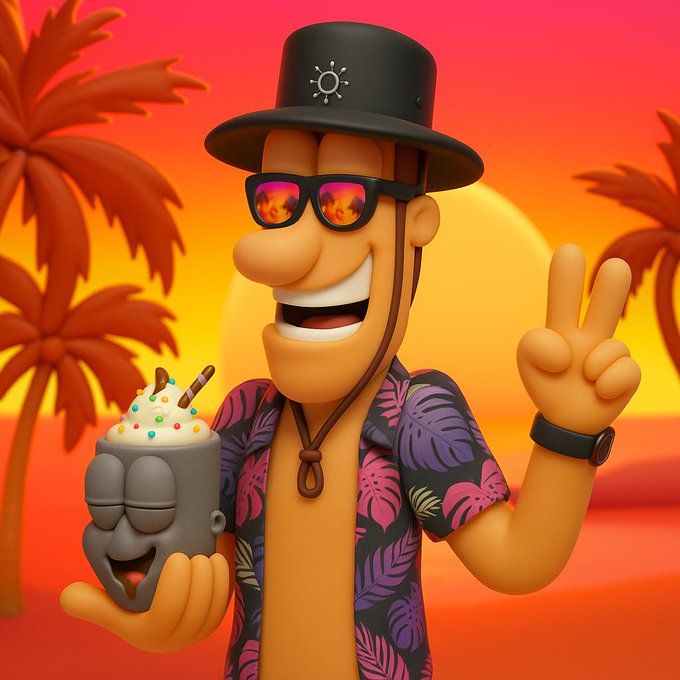A stylized 3D cartoon character wearing a black hat with a sun emblem, flame-reflecting sunglasses, and a tropical-patterned shirt makes a peace sign while holding a coconut drink with a face design, set against a vibrant sunset background with palm trees.