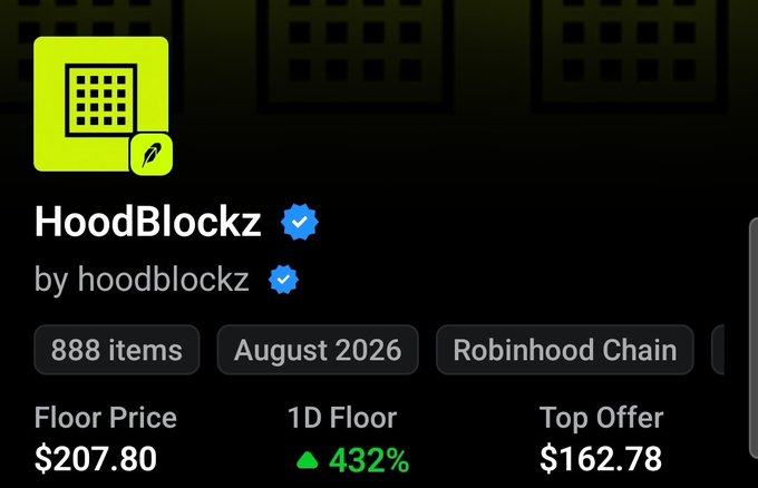 An NFT collection page displays 'HoodBlockz' by hoodblockz, containing 888 items on Robinhood Chain, with a floor price of $207.80 (+432%) and top offer of $162.78.