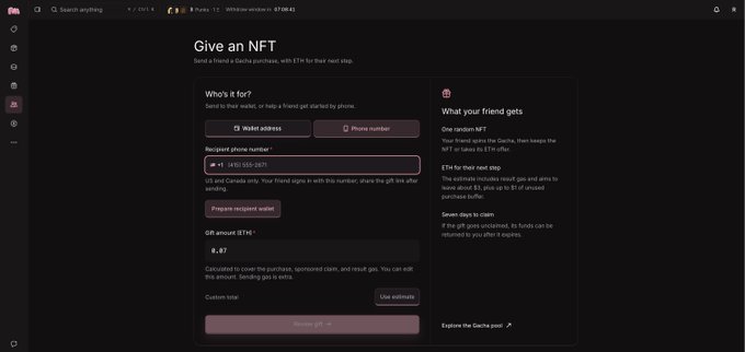 A web interface titled 'Give an NFT' allowing users to send a friend's purchase by sending ETH for their next step, with options to choose a wallet address or phone number.
