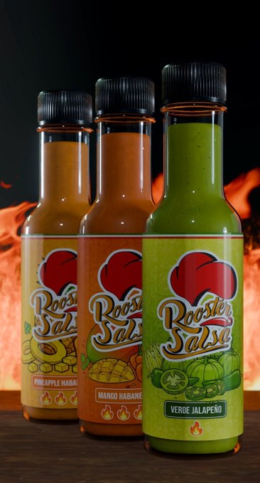 Three bottles of 'Rooster Salsa' (Pineapple Habanero, Mango Habanero, and Verde Jalapeño) lined up against a fiery background.