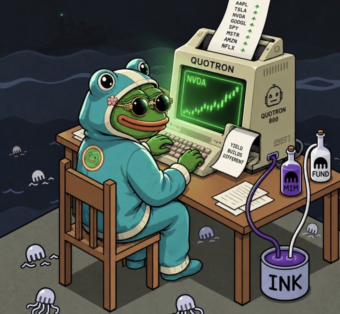 Cartoon illustration of a green frog wearing a blue frog hoodie and sunglasses, typing on a 'QUOTRON' computer displaying NVDA stock with green candles, while a receipt prints stock tickers (AAPL, TSLA, NVDA, GOOGL, SPY, MSTR, AMZN, NFLX) and jars labeled 'MIM' and 'FUND' pump 'INK' from a tank.
