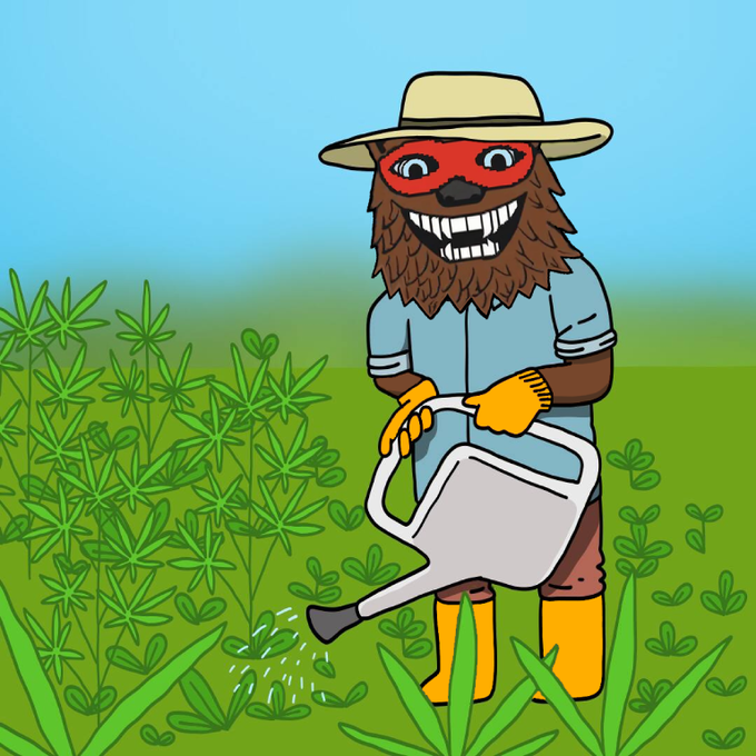 A cartoon illustration of a furry brown character wearing a red superhero mask and a wide-brimmed hat, watering plants with a silver watering can in a green field.