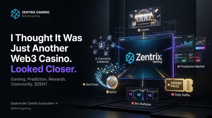 A promotional banner for Zentrix Gaming (@zentrixgaming_) featuring the tagline "I Thought It Was Just Another Web3 Casino. Looked Closer." with the tagline "Gaming, Prediction, Rewards. Community. $ZENT," showcasing visual elements of their ecosystem including Casino, Community & Referrals, Prediction Market, Daily Raffle, Box Multiplier, Zen Points, and $ZENT token rewards, illustrating the post's point that Zentrix offers a multi-faceted ecosystem beyond a typical Web3 casino.