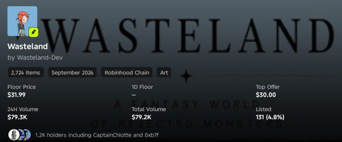 An NFT marketplace listing page for the 'Wasteland' collection by Wasteland-Dev, showing 2,714 items, a floor price of $31.99, 24H Volume of $79.3K, and 1.2K holders on Robinhood Chain.