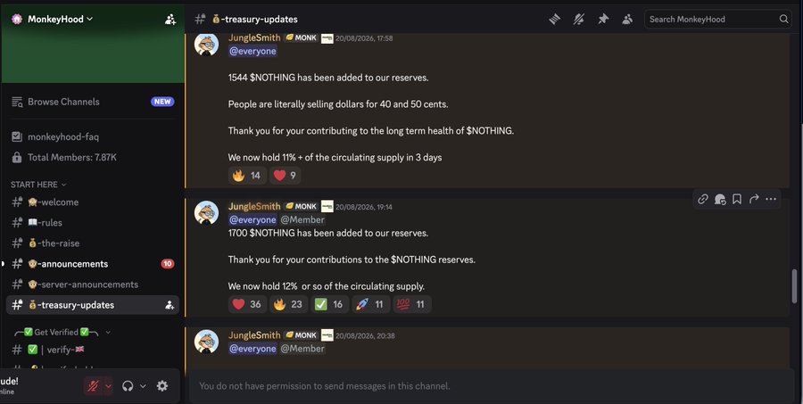 A Discord screenshot from the MonkeyHood server's treasury-updates channel, showing posts by JungleSmith noting that 1544 $NOTHING and 1700 $NOTHING were added to reserves, with members representing 11%+ of the circulating supply.