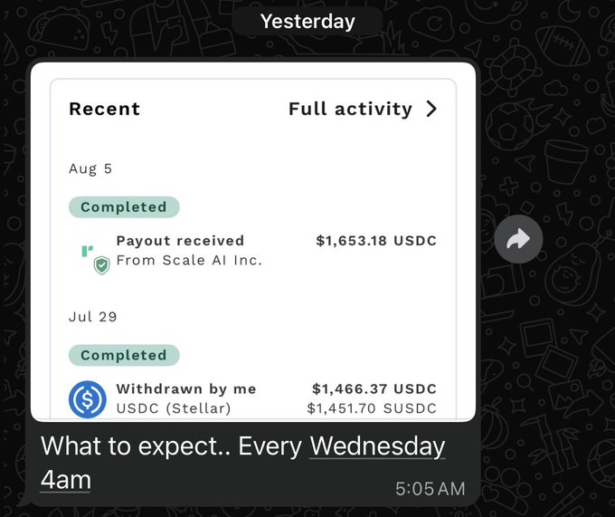 A screenshot showing recent activity with a $1,653.18 USDC payout received from Scale AI Inc. (completed Aug 5) and a $1,466.37 USDC withdrawal via Stellar (completed Jul 29), posted alongside a chat about "What to expect.. Every Wednesday 4am" — suggesting that AI training platforms like Scale AI are now the new gig economy, replacing the speculative crypto/Web3 hustle with actual income.