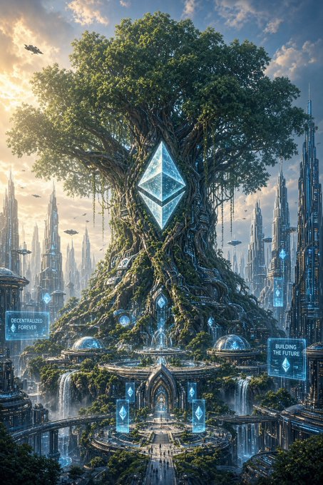 A massive, ancient tree dominates a futuristic cityscape, with a glowing Ethereum logo embedded in its trunk and holographic signs reading "DECENTRALIZED FOREVER" and "BUILDING THE FUTURE," symbolizing Ethereum as the rooted, enduring foundation of a digital civilization.