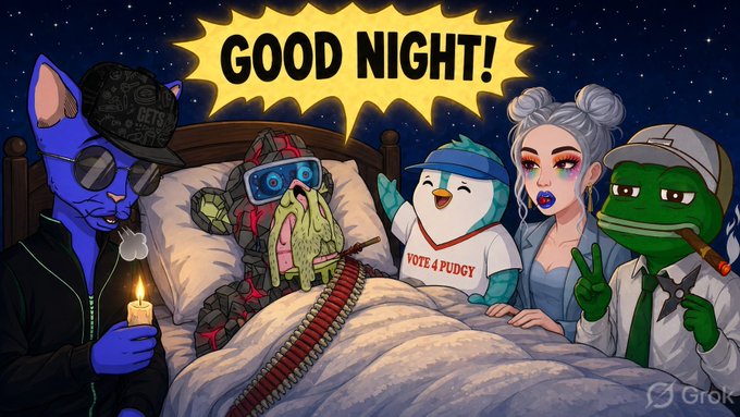 A cartoon illustration featuring characters including a blue cat-like figure with a candle, a sweaty figure in VR, a penguin in a 'VOTE 4 PUDGY' shirt, and a Pepe the Frog character, with a speech bubble reading 'GOOD NIGHT!' and a Grok watermark.