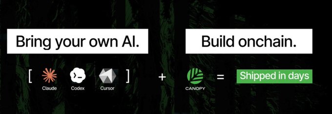 A graphic displays 'Bring your own AI.' (Claude, Codex, Cursor) + 'Build onchain.' (Canopy) = 'Shipped in days'.