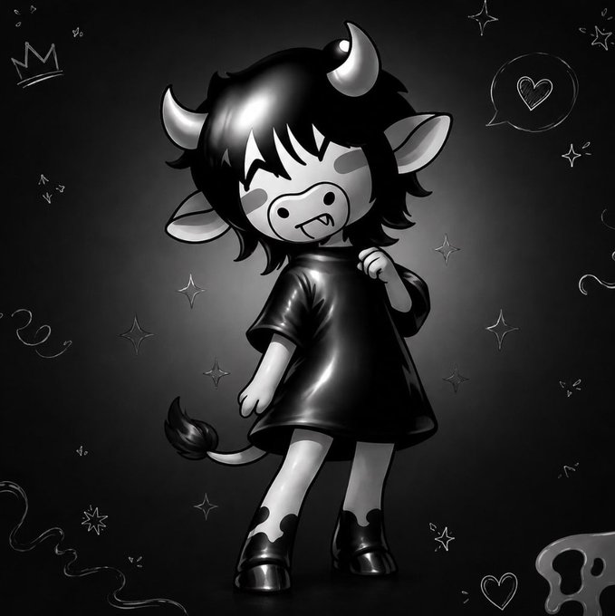 A monochromatic black and white illustration of a cute anthropomorphic cow character with horns, a tuft of hair, and a tail, wearing a dress and boots against a dark background with decorative elements.