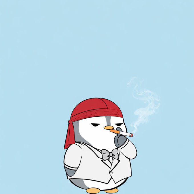 Cartoon penguin wearing a red bandana and white suit smoking a cigarette against a plain blue background.