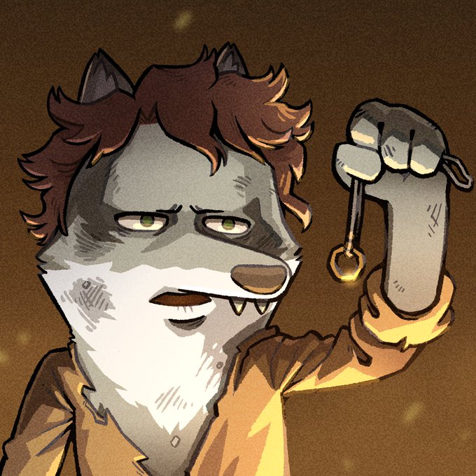 An illustrated anthropomorphic wolf or husky character with brown hair wearing an orange shirt and raising a gloved fist with a chain.