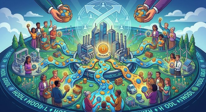 A vibrant illustration depicts a diverse community of token holders collecting baskets of gold coins from a flowing "REVENUE" stream emanating from a central "B" token logo, symbolizing the growing "REAL YIELD ERA" of crypto revenue sharing. The scene visually reinforces the post's claim of a record high (231+) crypto projects now distributing direct revenue to token holders, up from just 10 five years ago.