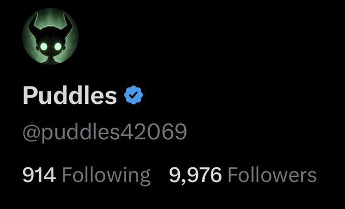 The image shows a Twitter profile for "Puddles" (@puddles42069) with a verified blue checkmark, a horned character avatar, 914 following, and 9,976 followers. This directly supports the post's announcement of being "about to cross 10k followers," as the account is just 24 followers away from that milestone, while promoting a giveaway of $ANSEM and SOL.