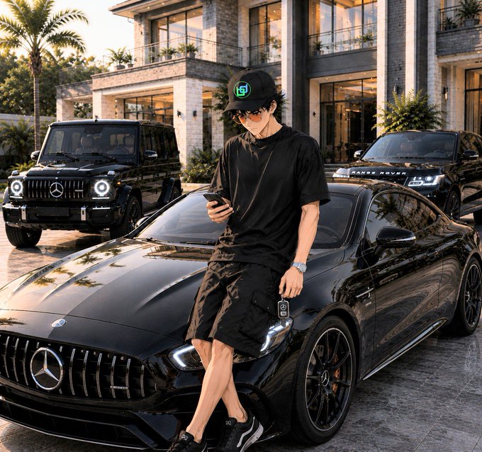 A stylish young man in an all-black outfit, cap, and sunglasses leans against a black Mercedes-AMG sports car, with a Mercedes G-Wagon and Range Rover parked behind him in front of a luxurious mansion.