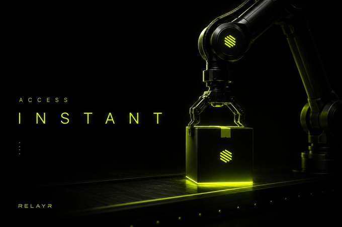 A robotic arm picks up a glowing yellow cube, accompanied by the text "ACCESS INSTANT" and "RELAYR" and the ticker "$RELAY." The image visually represents the launch of Relayr's instant payment rails for the robotics fleet being built by Virtuals, tying into the post's announcement of per-action billing, on-chain proof, and instant settlement as the missing payment layer for robotics.