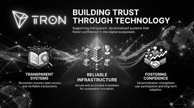 A black and white promotional banner for 'TRON' titled 'BUILDING TRUST THROUGH TECHNOLOGY,' highlighting three pillars: Transparent Systems, Reliable Infrastructure, and Fostering Confidence in decentralized blockchain ecosystems.