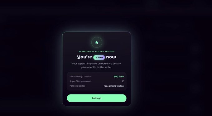 A confirmation popup on a dark interface reads "SUPERCHIMPS HOLDER VERIFIED — You're PRO now," noting that the user's SuperChimps NFT has unlocked Pro perks permanently, granting 500/mo Monthly Mojo credits, 2 SuperChimps owned, and a "Pro, always visible" portfolio badge, with a green "Let's go" button below — visually representing the activation of the $249/year SuperApp Pro access described in the announcement.